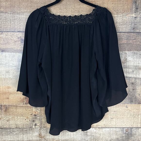 Rebecca Taylor 100% Silk Solid Black Top Eyelet Neck Cropped Bell Sleeve Size 4 - Picture 7 of 10